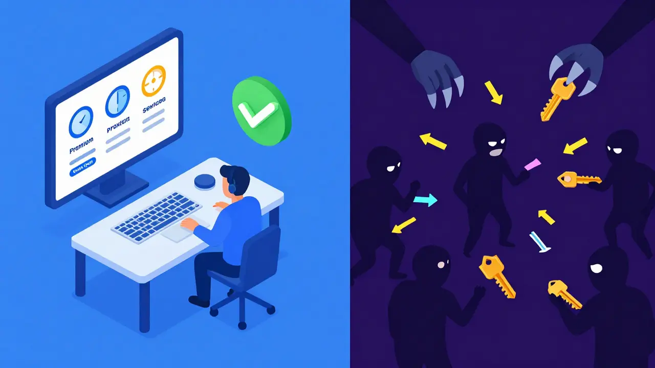 Изометрическая сцена: легальный трейдер с безопасным прокси слева и киберпреступники с кражей ключей справа.
