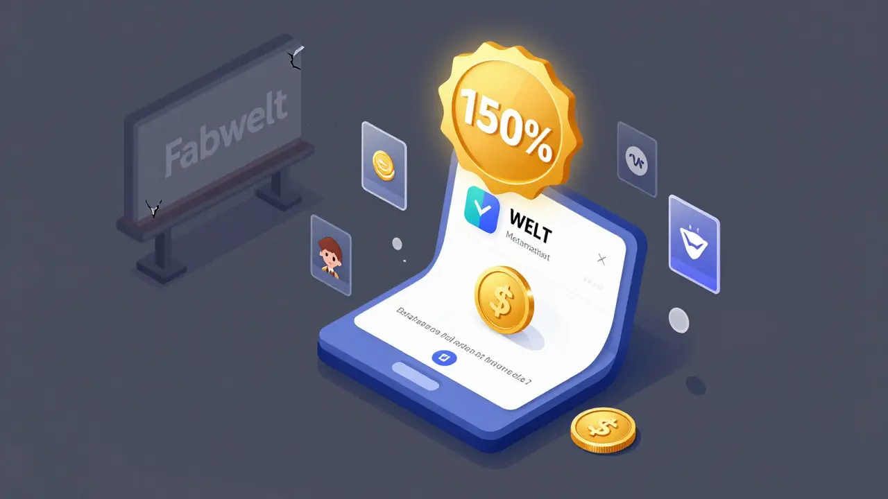 Изометрическая сцена стейкинга WELT на блокчейне Polygon с мерцающими процентами и заброшенным рекламным щитом Fabwelt.