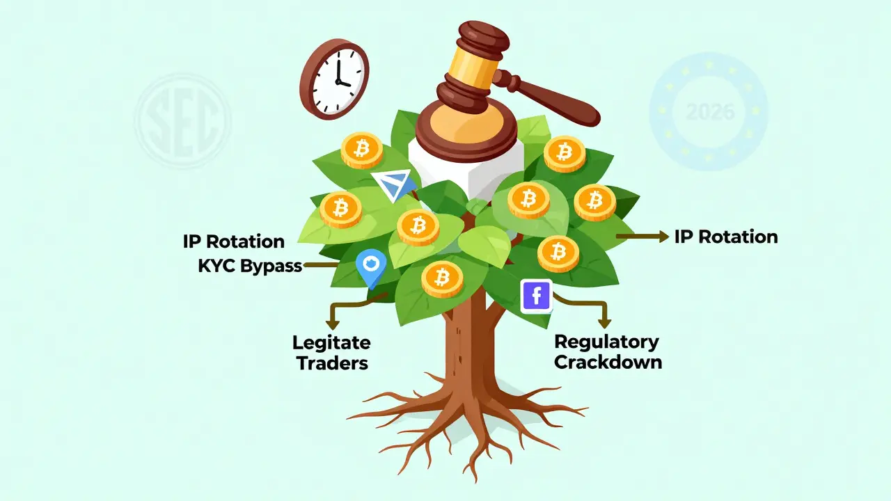 Изометрическое дерево блокчейна с корнями легальных и нелегальных трейдеров, над которым висит регуляторный молот.