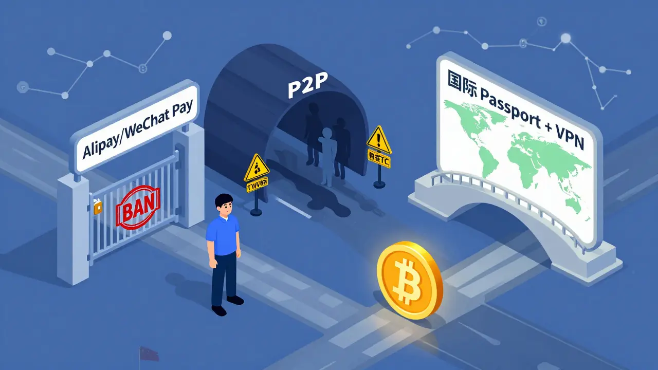 Китайский пользователь выбирает между запрещёнными платежами, рискованным P2P и безопасным путём через VPN и международный паспорт к криптобиржам.