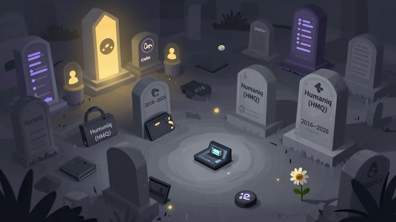 Кладбище криптовалют с надгробием Humaniq, вдали — светящиеся Celo и Stellar.