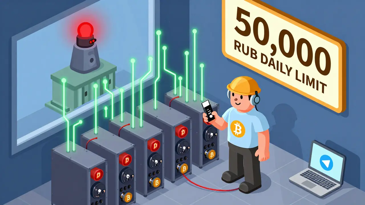 Майнер в Сибири держит биткоин-кошелёк, в то время как банк блокирует снятие денег, но через Telegram он обменивает криптовалюту на ноутбук.