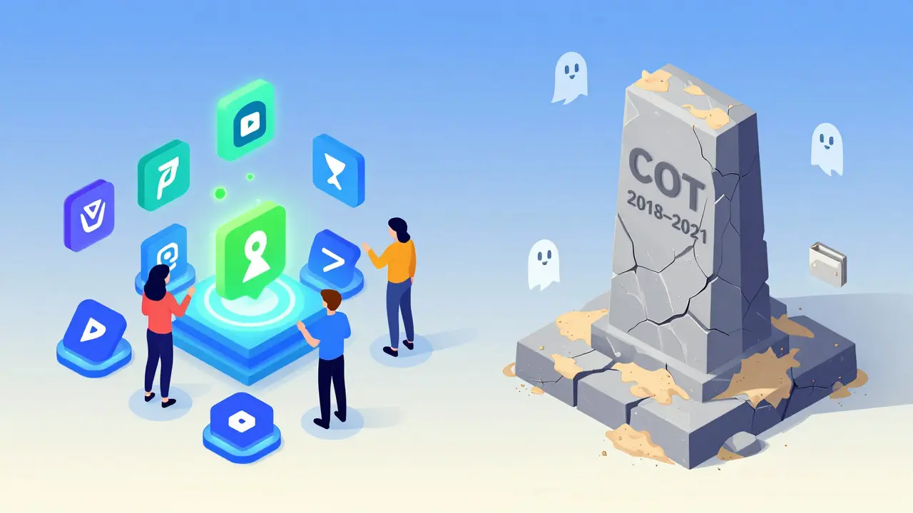 Монумент CoTrader на фоне живой DeFi-экосистемы, окружённый призрачными кошельками.