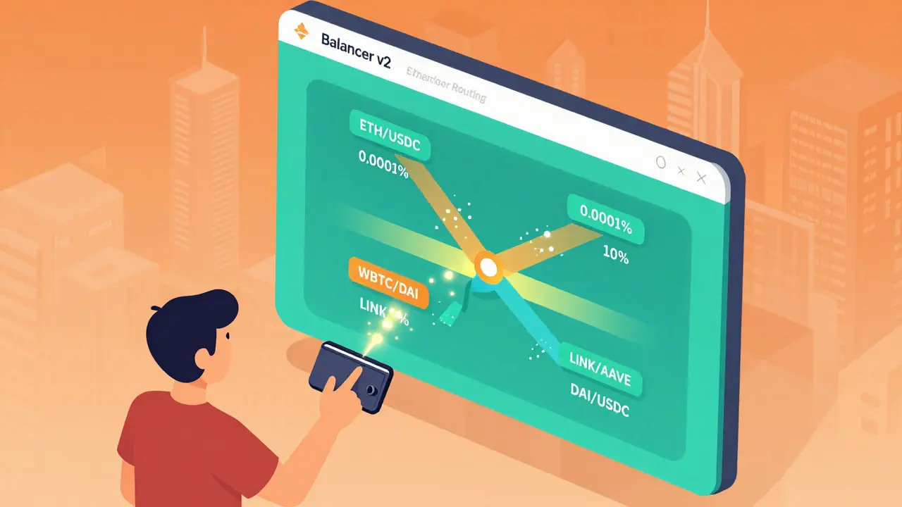 Пользователь подключает кошелек к Balancer v2, торговая сделка разделяется по нескольким маршрутам.