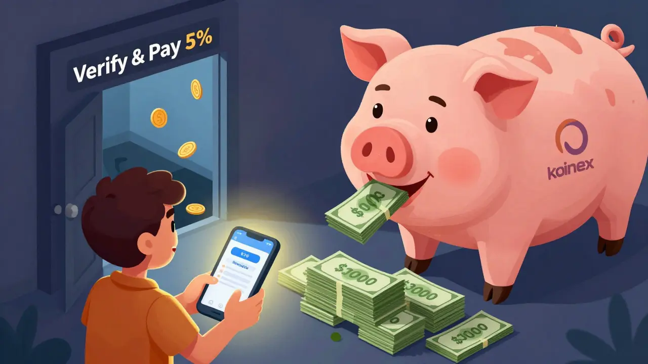 Пользователь радуется маленькой выплате, пока за его спиной огромный свинья с логотипом Koindex поглощает крупные суммы денег.