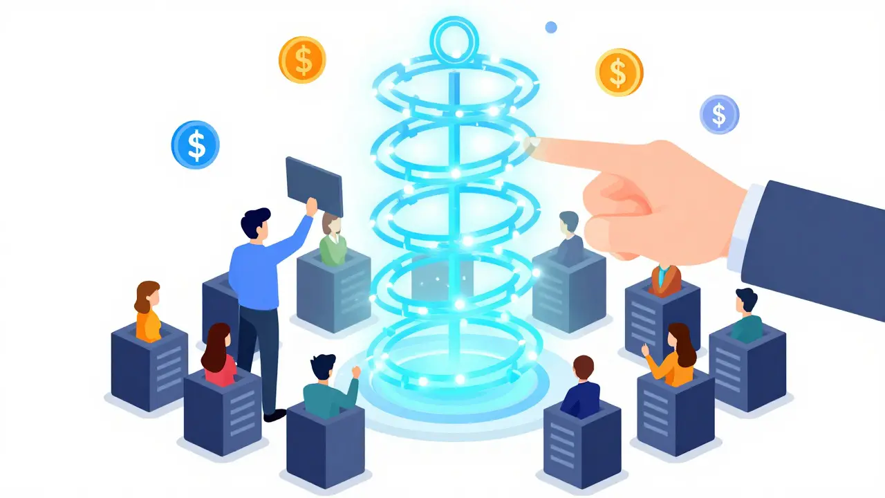 Пользователь загружает видео в блокчейн-сеть, корпоративная рука не может его забрать, другие пользователи радуются.