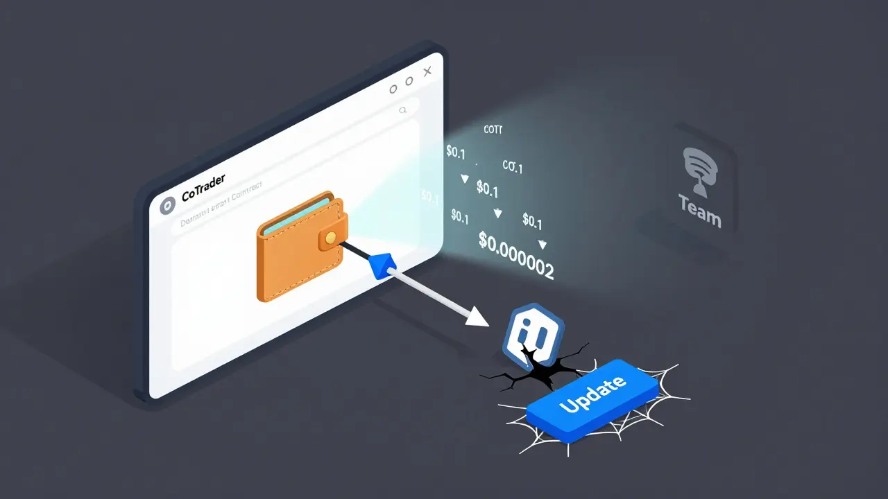 Пустая панель CoTrader с мёртвыми смарт-контрактами и исчезающей командой.