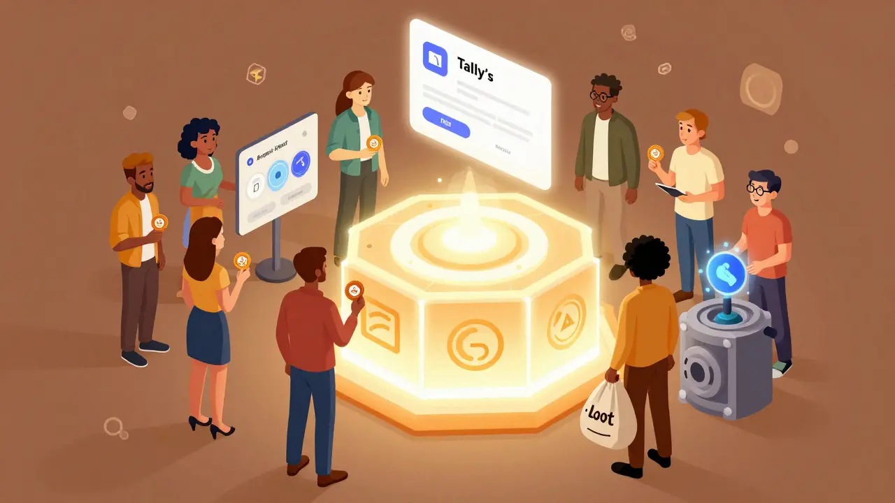 Разнообразная группа людей взаимодействует с блокчейн-панелью, используя разные инструменты управления DAO в изометрическом стиле.