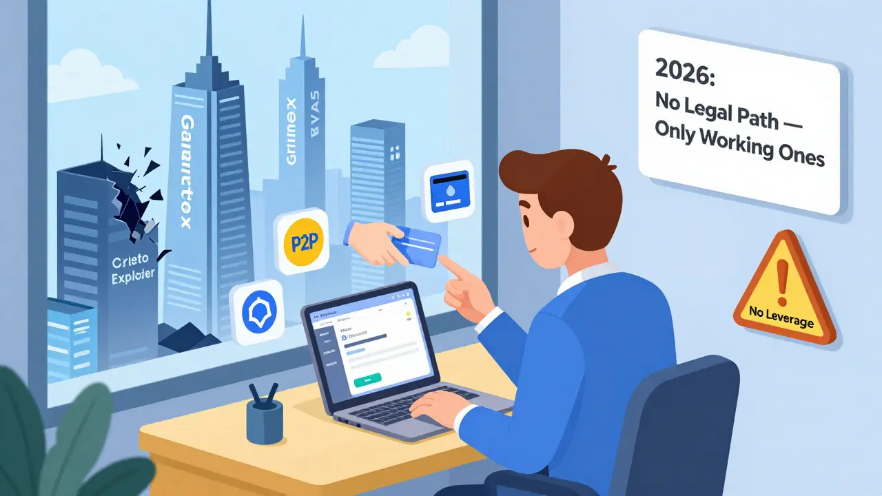 Российский трейдер на фоне руин старых бирж и новых платформ, с P2P, кошельком и предупреждением о плече.