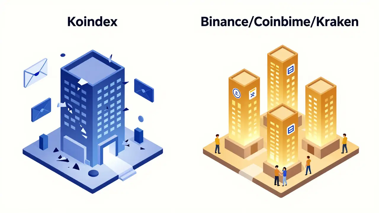 Сравнение: хрупкая, сломанная биржа Koindex слева и прозрачная, надежная биржа справа с лицензиями и блокчейн-транзакциями.