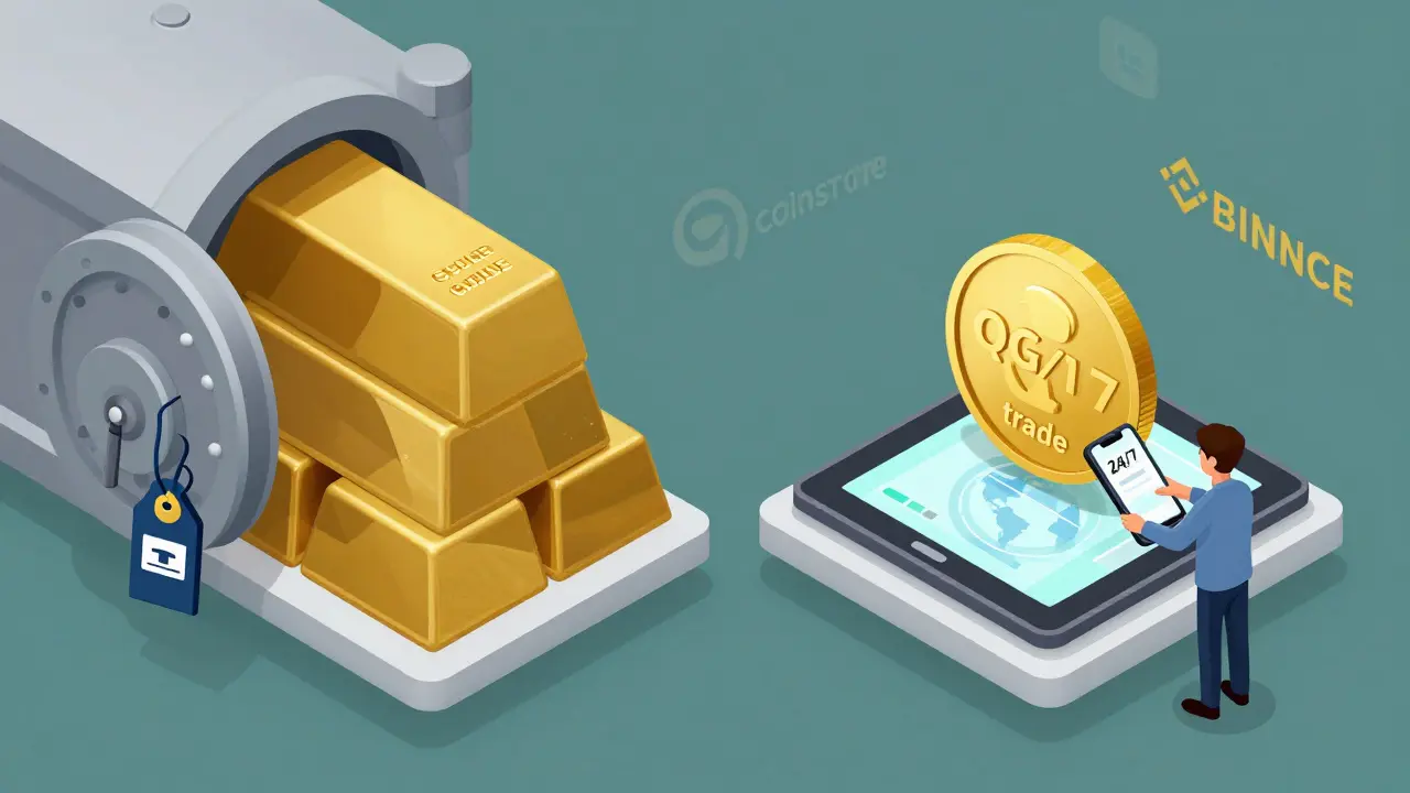 Сравнение традиционного золотого слитка в сейфе и цифрового токена QGOLD, передаваемого через смартфон