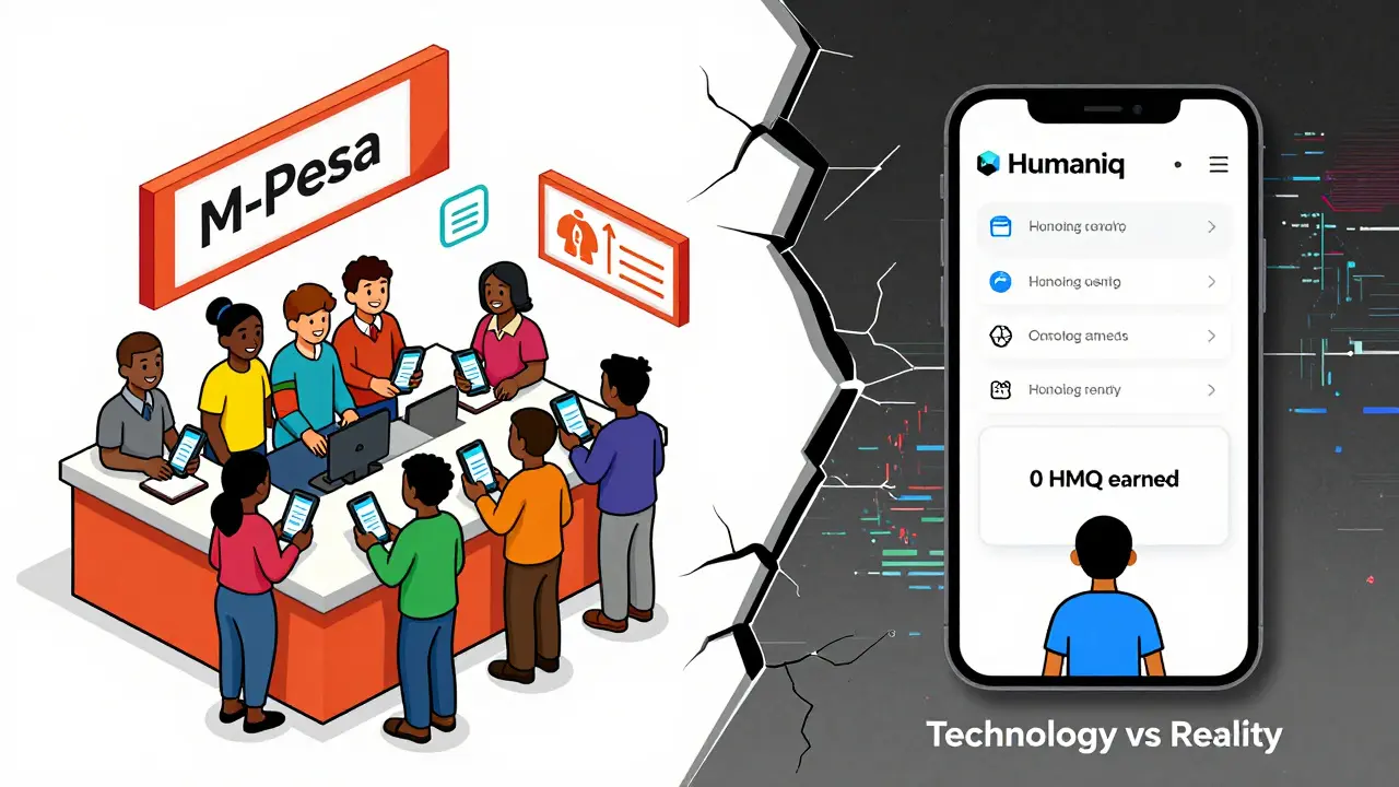 Сравнение: успешная M-Pesa слева и сломанный Humaniq справа.