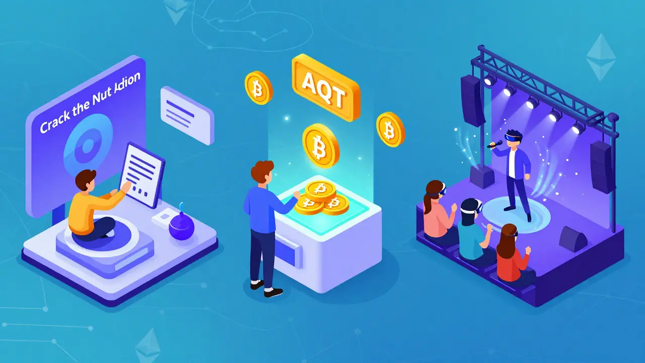 Трехкомпонентная экосистема AQT: аукцион, кредитование и виртуальный концерт в изометрическом стиле.