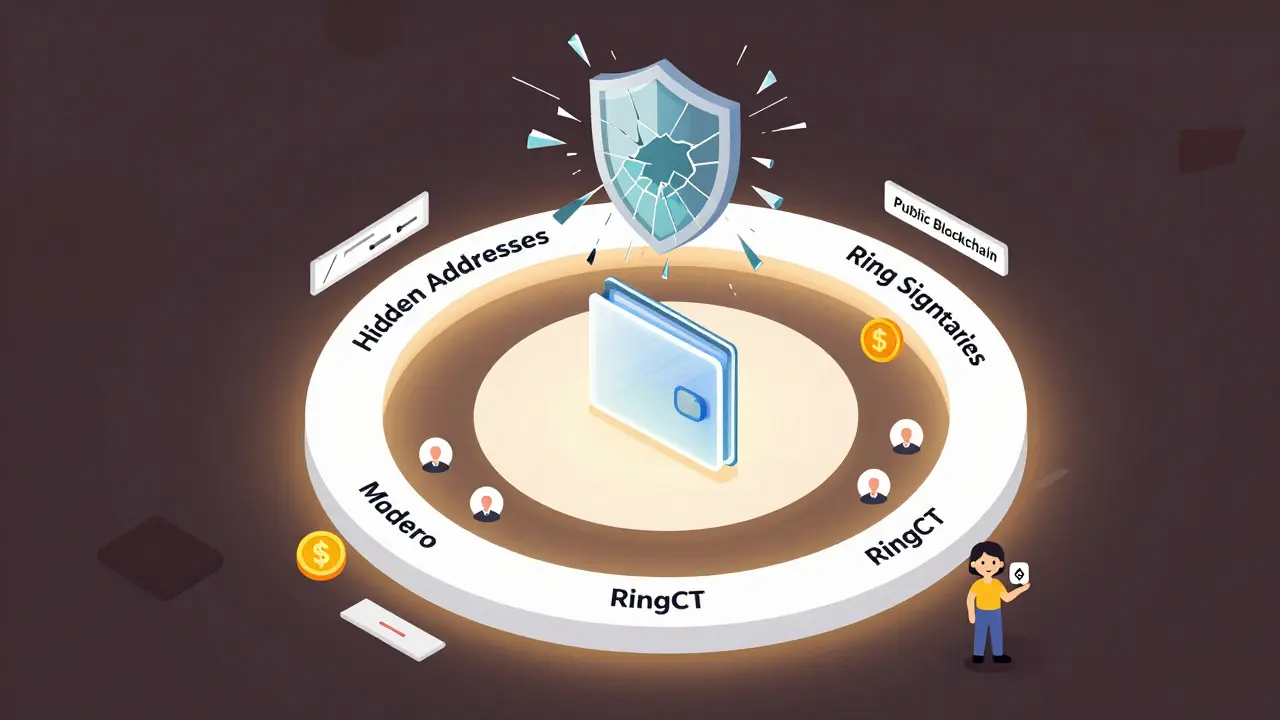 Три слоя приватности Monero: скрытые адреса, кольцевые подписи и шифрование суммы, изображённые как концентрические кольца вокруг кошелька.