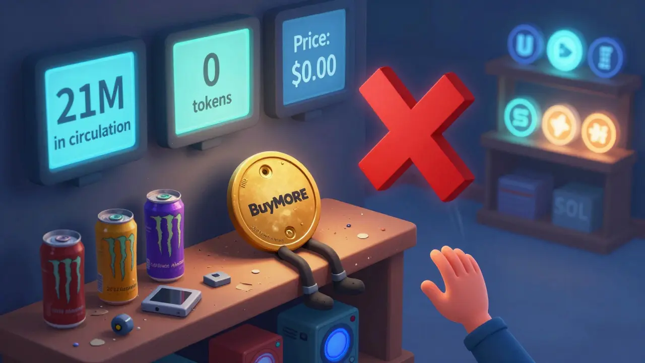 Забытый токен BuyMORE на полке рядом с мусором, в то время как другие криптовалюты светятся вдалеке.