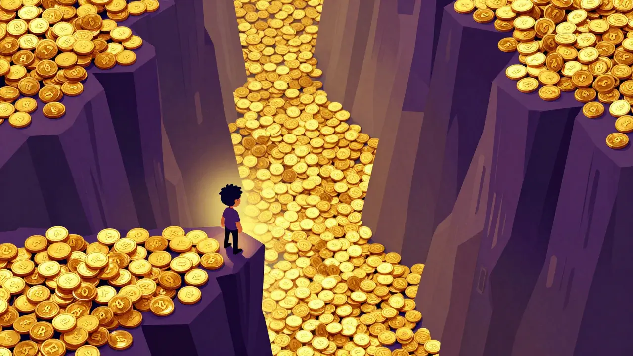 Человек смотрит на бесконечное море из триллионов монет LION