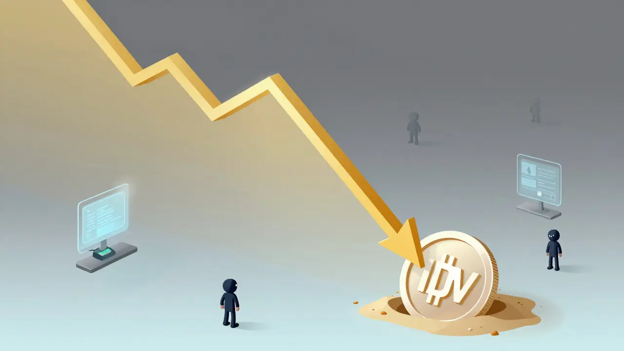 График падения курса токена IDV в стиле изометрической иллюстрации