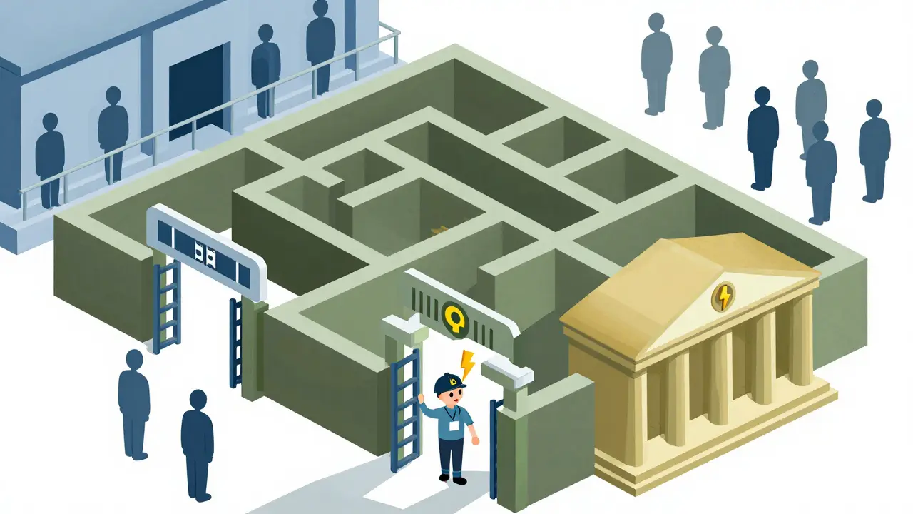 Изометрическая иллюстрация майнера, проходящего через бюрократические фильтры и государственные органы