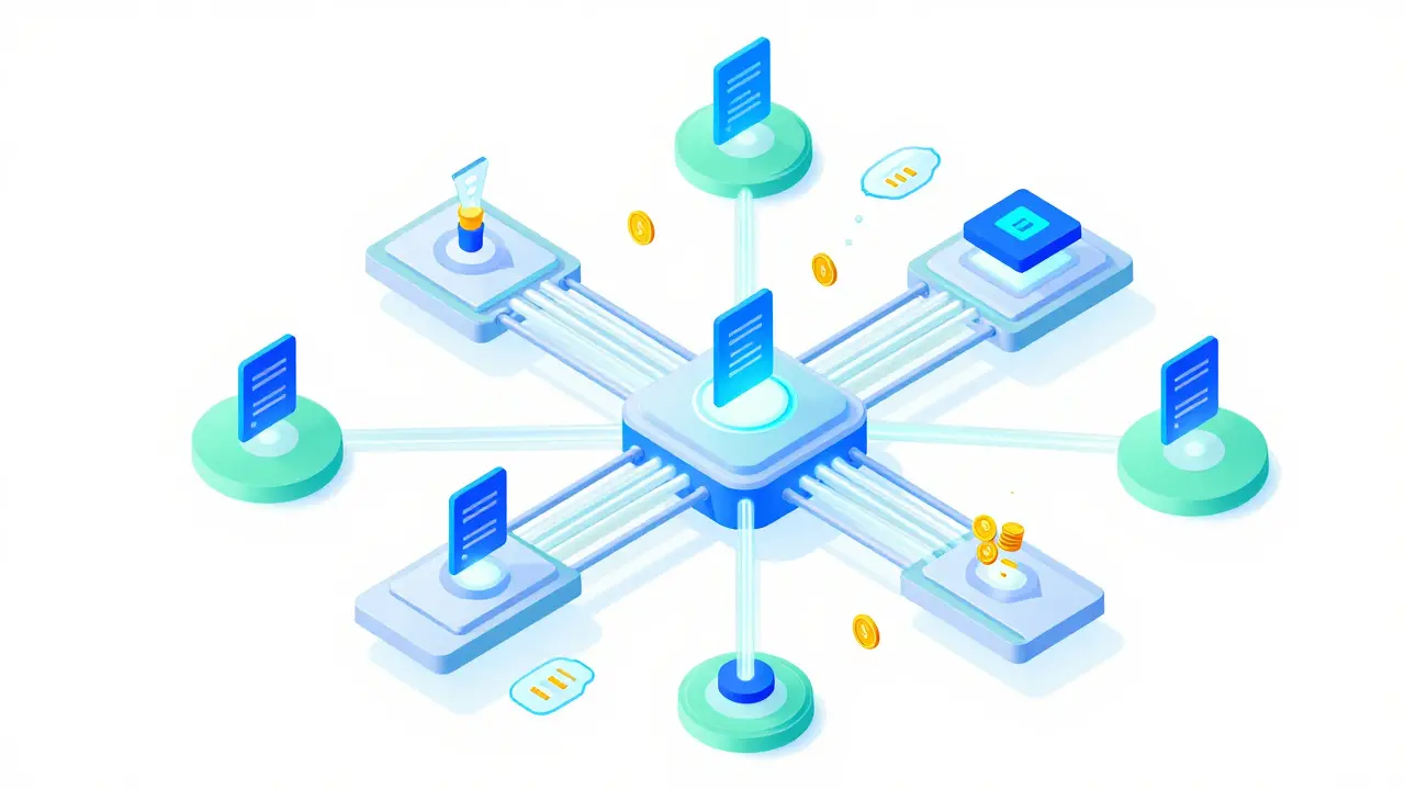 Изометрическая иллюстрация сети взаимосвязанных блокчейн-узлов с плавным потоком данных.