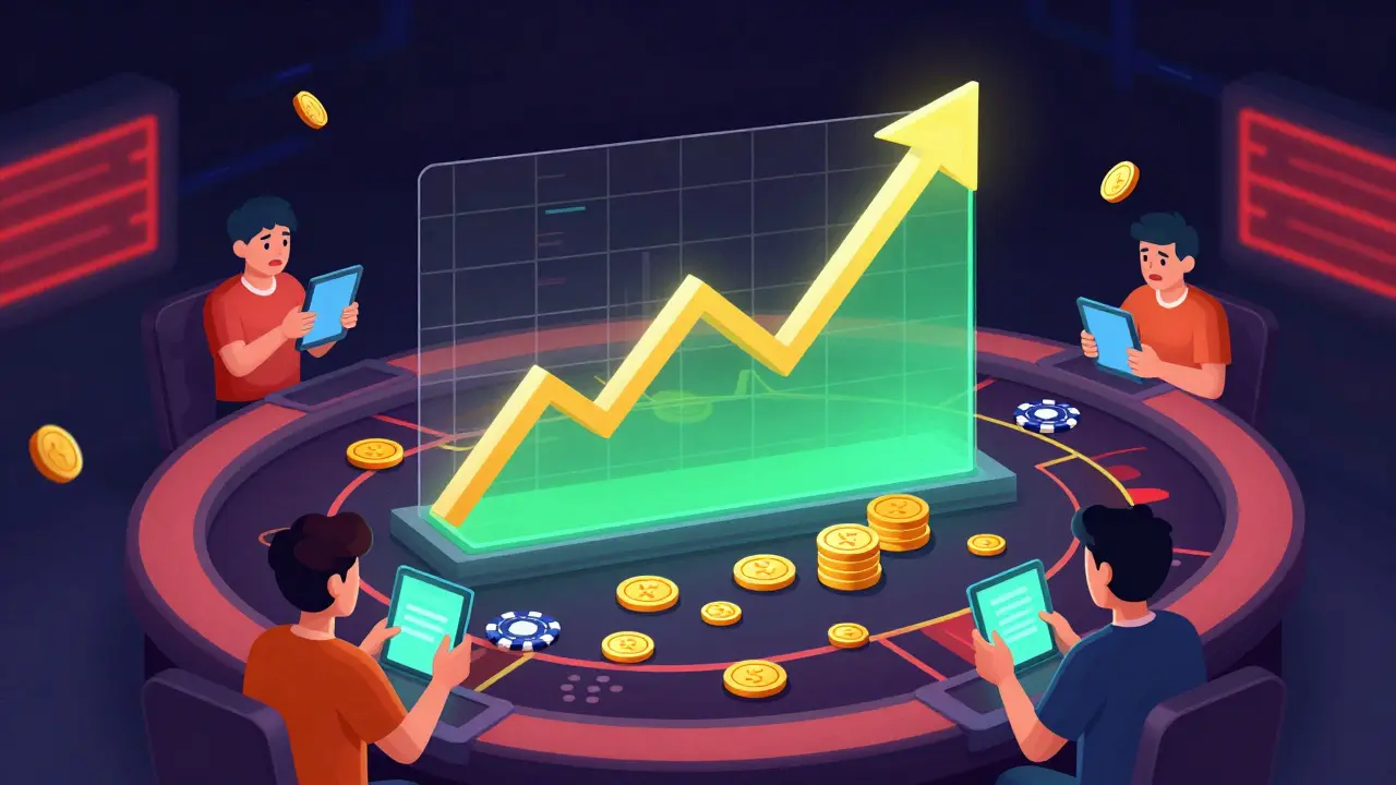 Изометрическая иллюстрация волатильного графика криптовалют в стиле цифрового казино