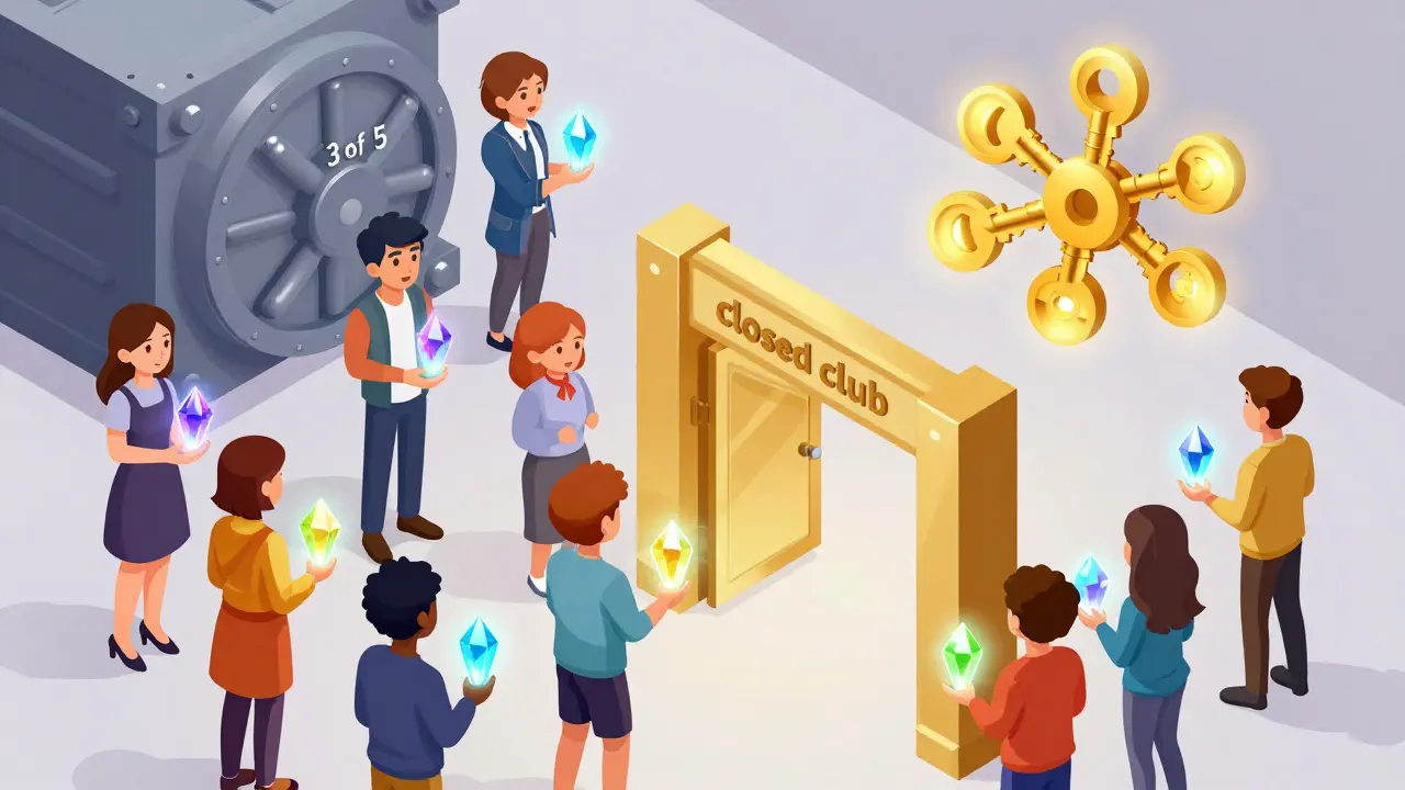 Изометрическая сцена: пользователи с NFT-токенами входят в VIP-зону биржи с защищенным хранилищем