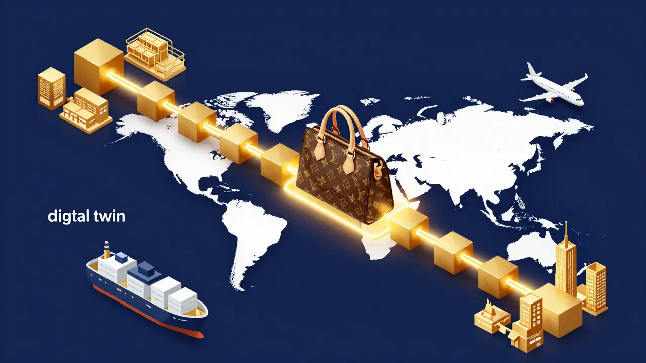 Изометрическая схема цепочки поставок люксового товара с цифровыми метками блокчейна