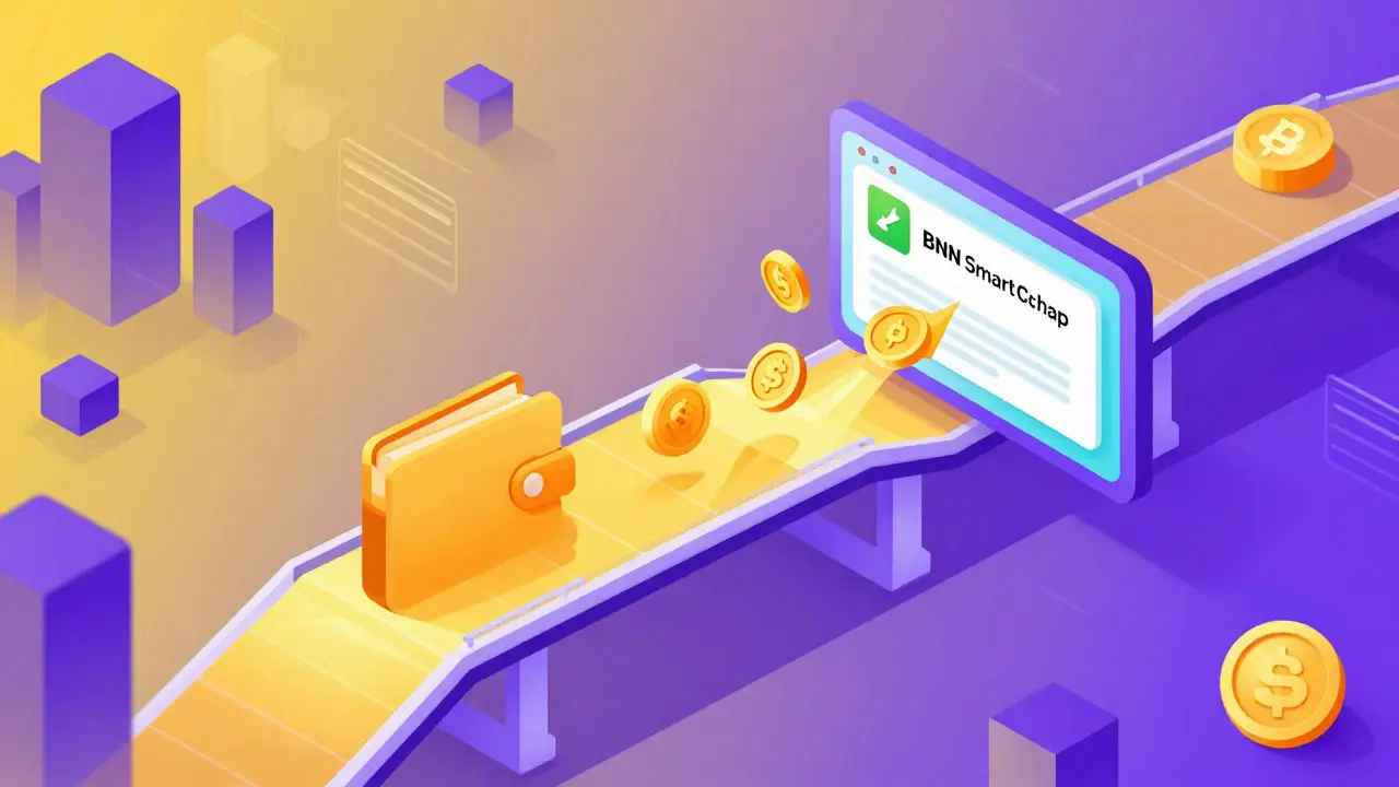 Изометрическая схема перевода токенов между кошельком и биржей в сети BNB Smart Chain