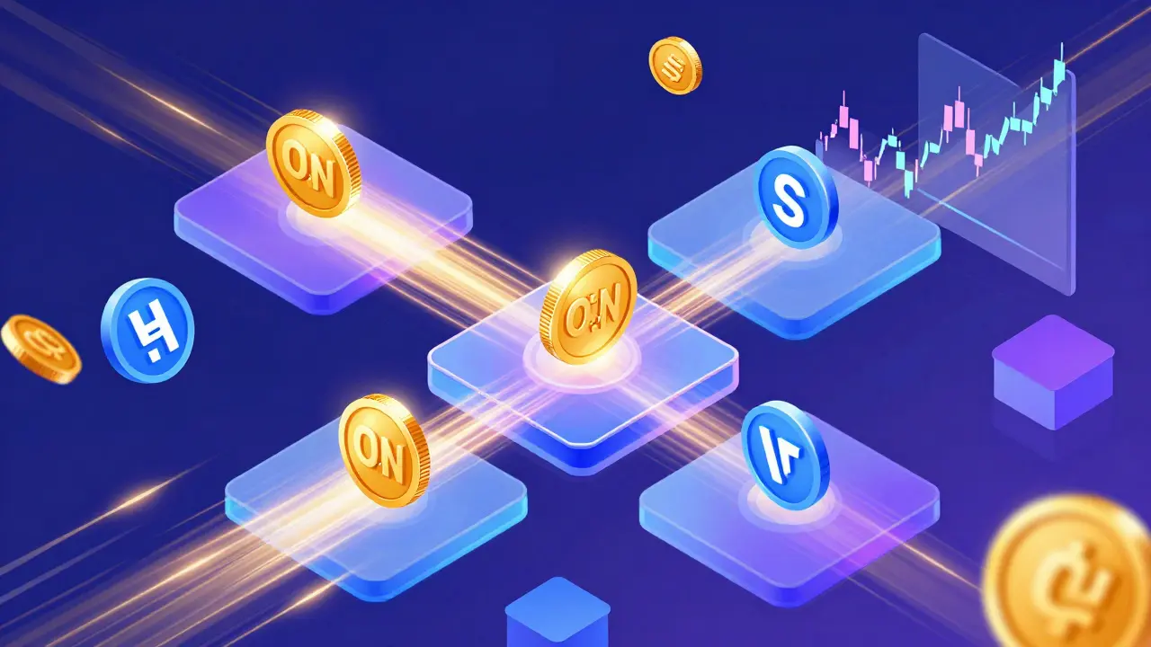 Изометрическая схема торговли токенами OCN и USDC на блокчейне Solana