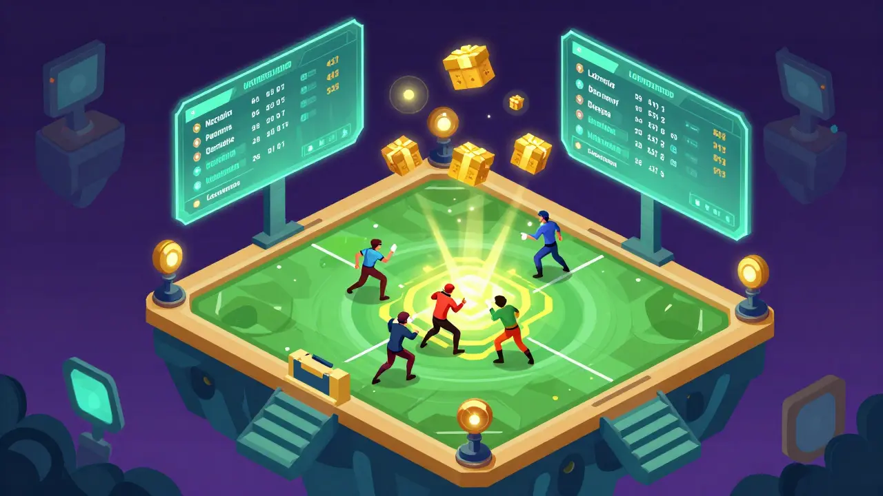 Изометрический геймплей турнира Necrodemic с золотыми лутбоксами и рейтингом