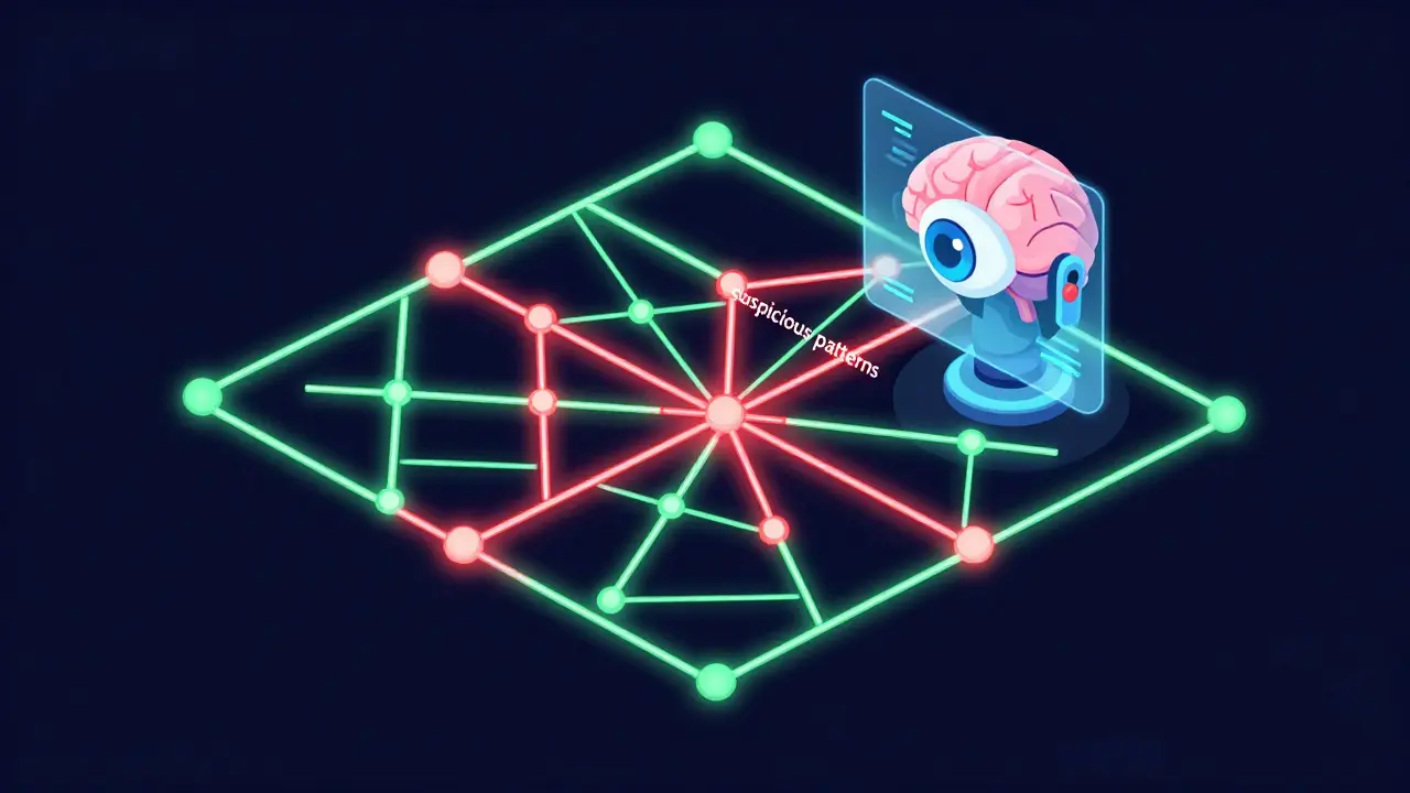 Изометрический граф транзакций с ИИ-сканером, выявляющим подозрительные красные цепочки переводов.