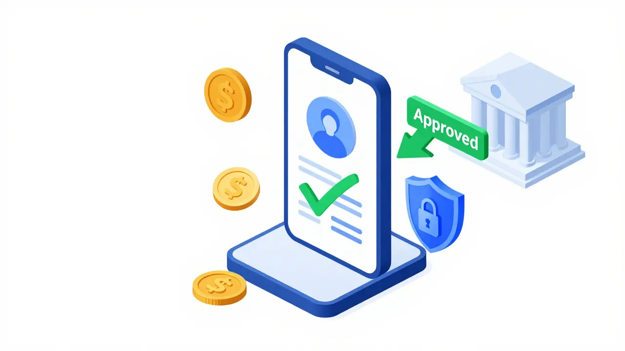 Изометрический рисунок смартфона с верификацией KYC и защищенными банковскими транзакциями.