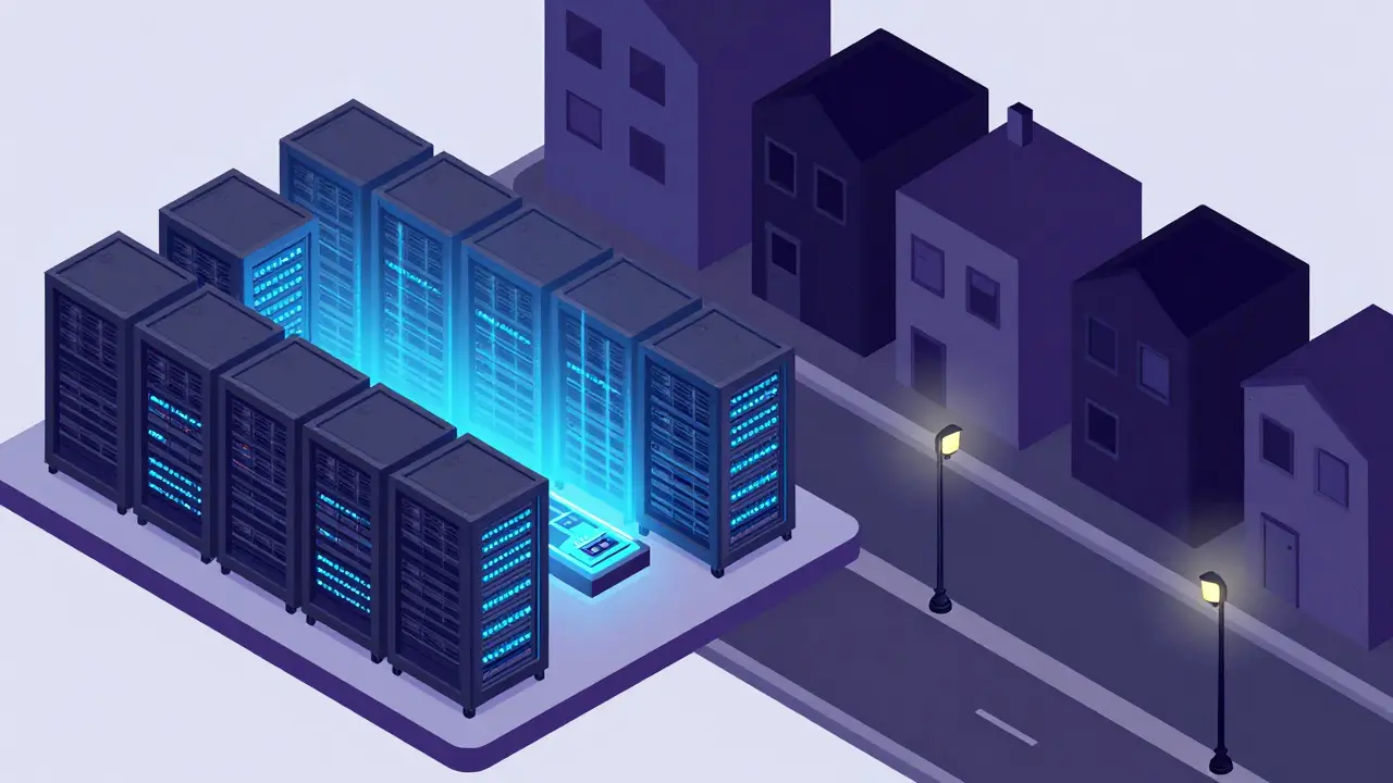 Изометрический рисунок: светящаяся майнинг-ферма рядом с темным городом во время блэкаута