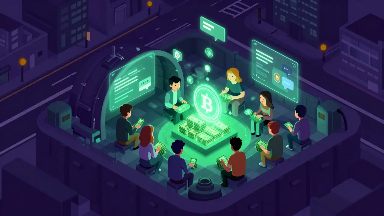 Изометрический рисунок: тайный обмен наличных на крипту в бункере