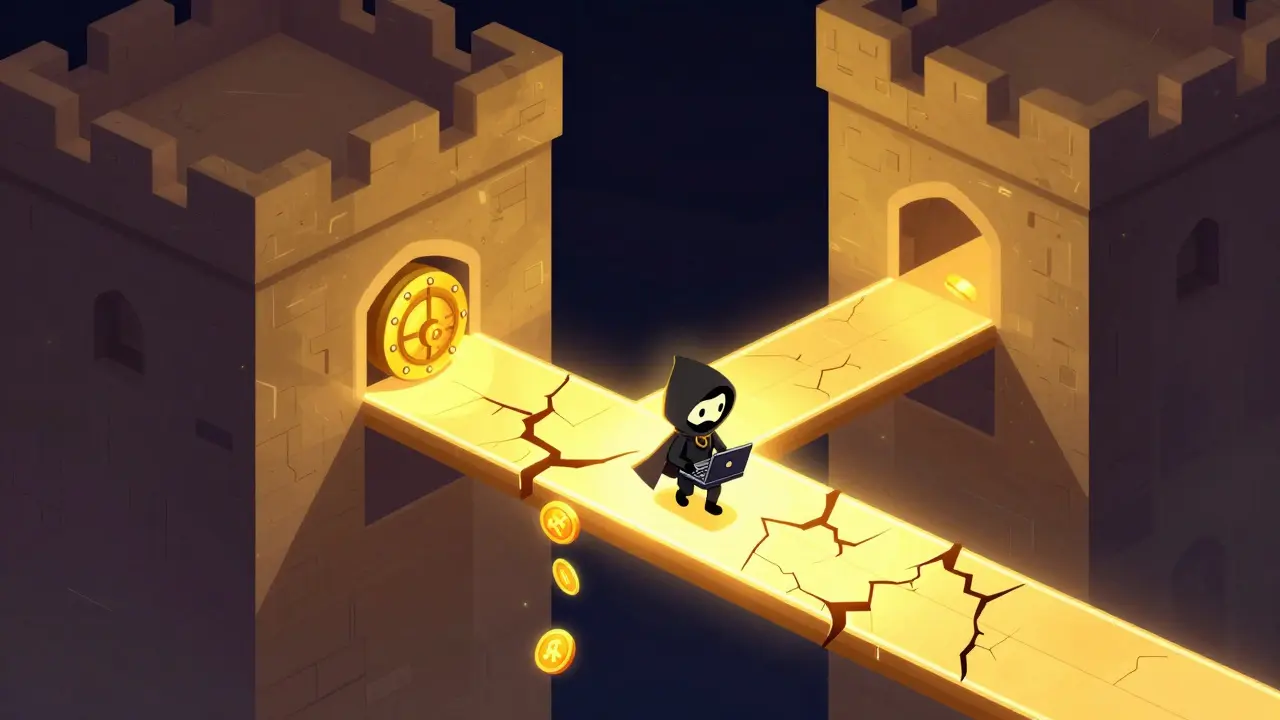 Изометрический рисунок уязвимого светящегося моста между двумя блокчейн-крепостями и хакером.