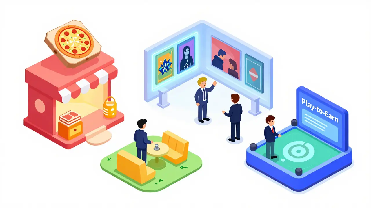 Изометрический вид экосистемы OCN: магазин с пиццей, NFT-галерея и игры