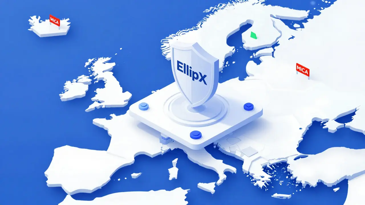 Изометрический вид платформы EllipX как безопасного регуляторного оазиса на карте Европы