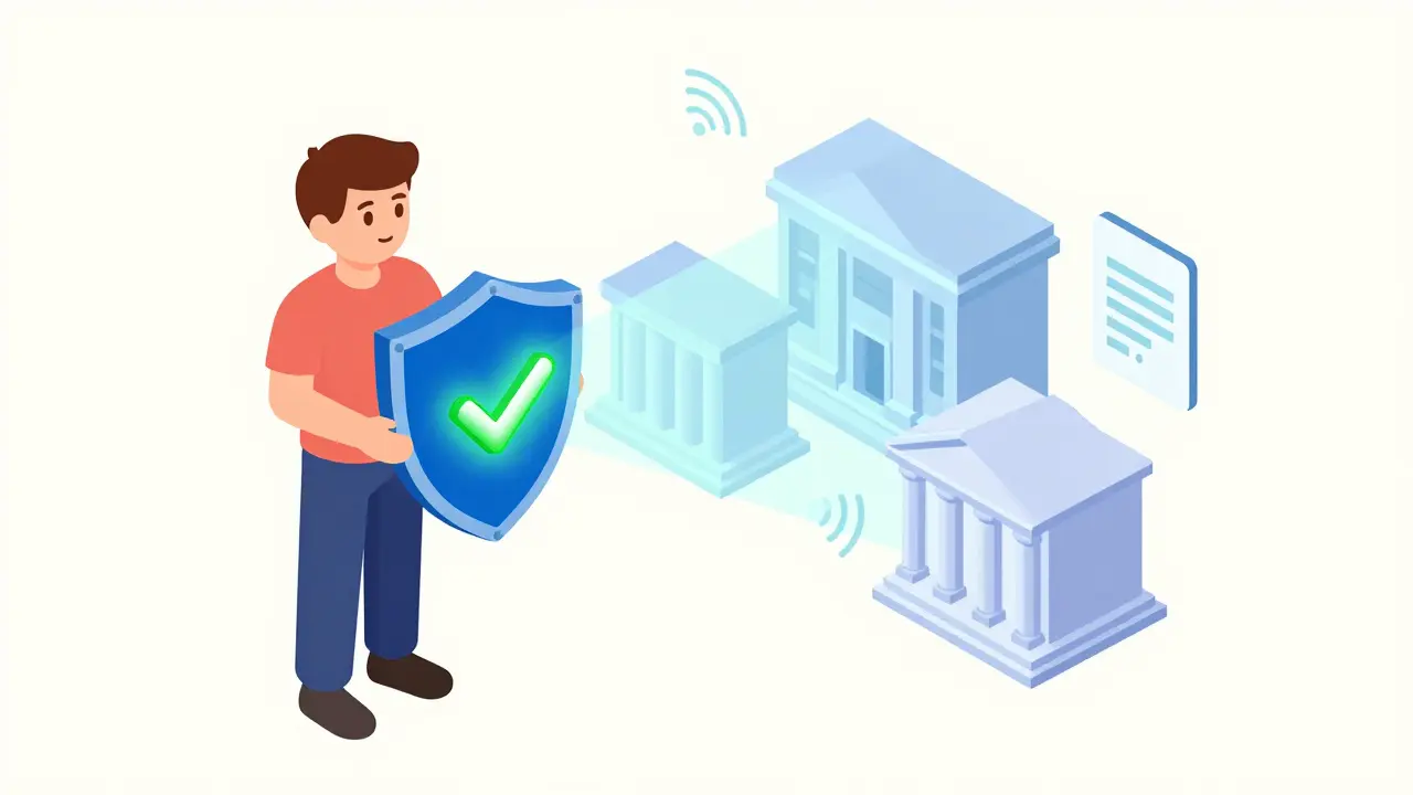 Изометрическое изображение децентрализованной идентификации с цифровым паспортом и подтверждением доступа.