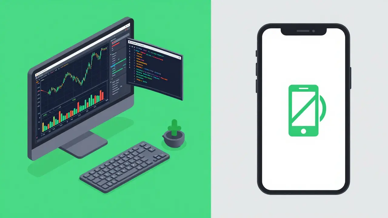 Изометрическое изображение рабочего места трейдера и символа отсутствия мобильного приложения