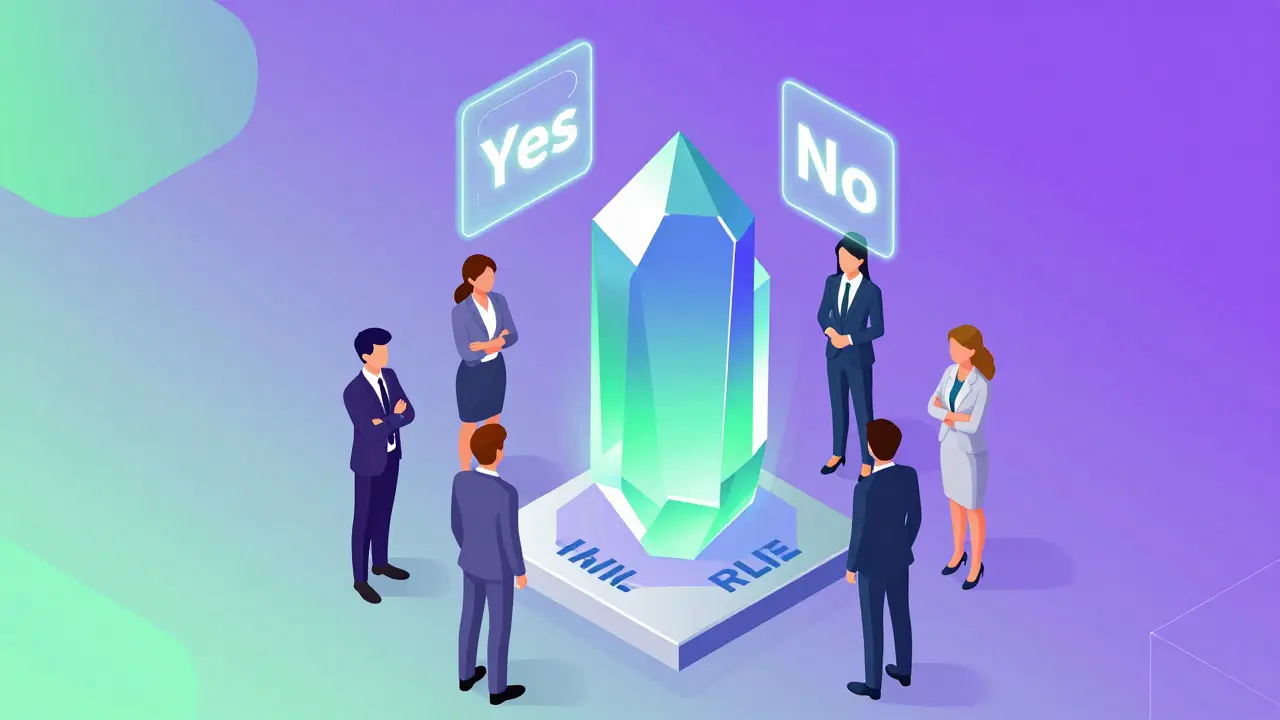 Изометрическое изображение участников DAO, голосующих за неизменные правила организации