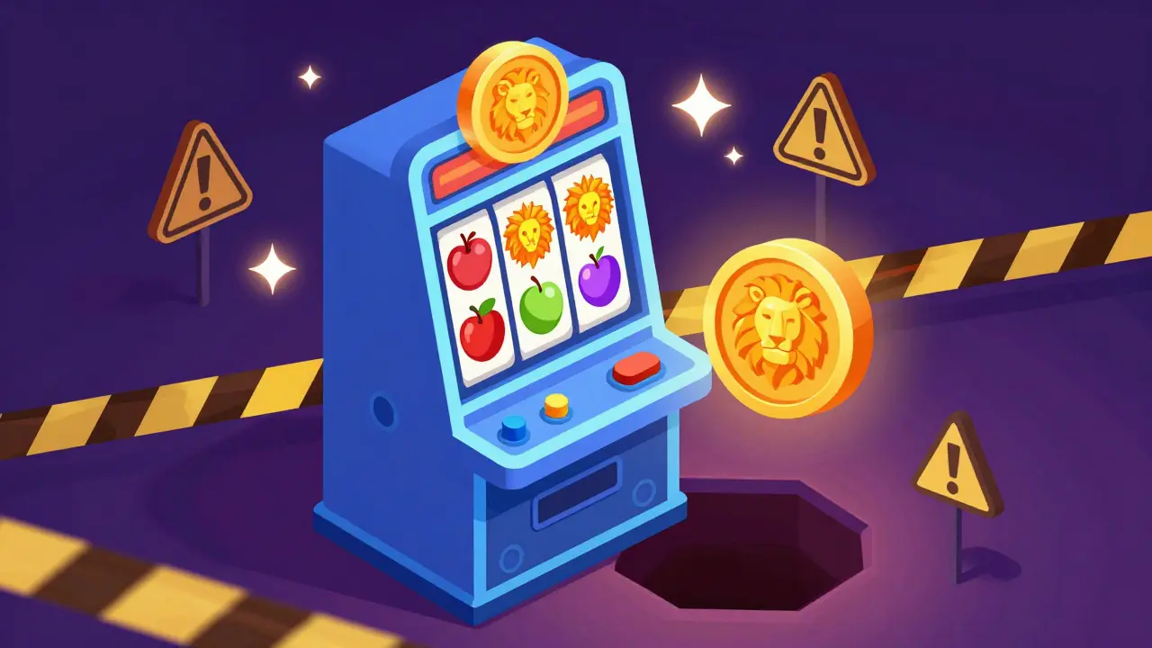 Крипто-казино с игровым автоматом LION и предупреждающими знаками