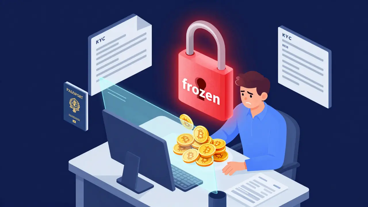 Пользователь пытается пройти KYC, пока его биткоины заблокированы огромным замком.