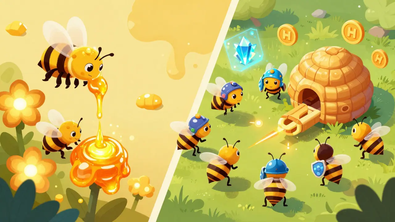 Сцена с пчелами-бойцами в броне и сбором ресурсов в ярком мультяшном стиле.