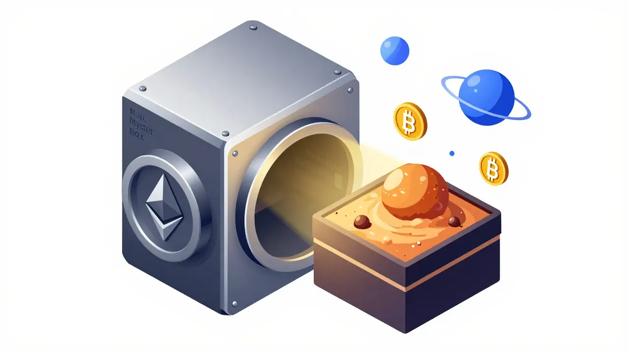 Секретный бокс Maye Musk с видом на Марс и символами разных блокчейнов