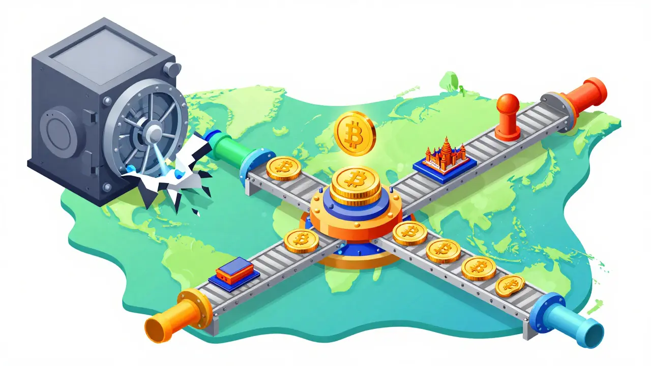 Схема отмывания украденных криптовалют через международные хабы в изометрическом стиле
