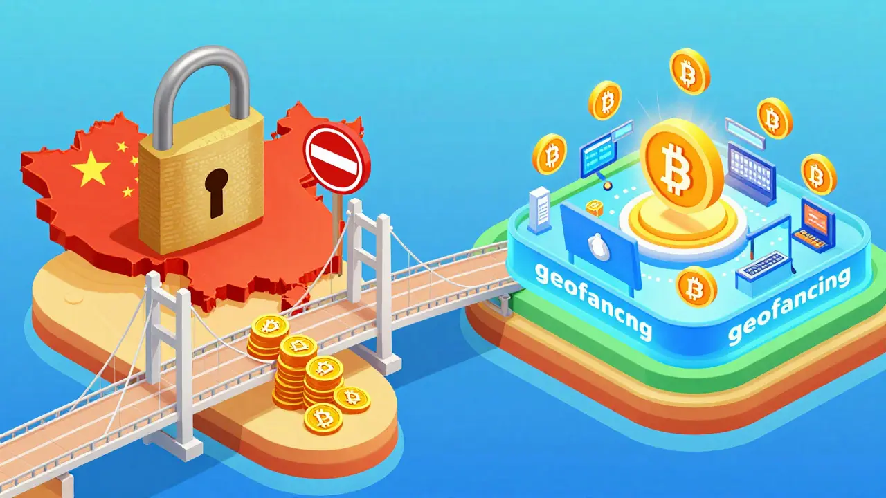 Схематичный мост между материковым Китаем и Гонконгом с цифровым ограничением доступа к крипте