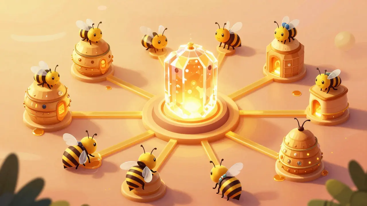 Виртуальный город ульев, соединенных золотыми путями, с сияющим хранилищем наград.
