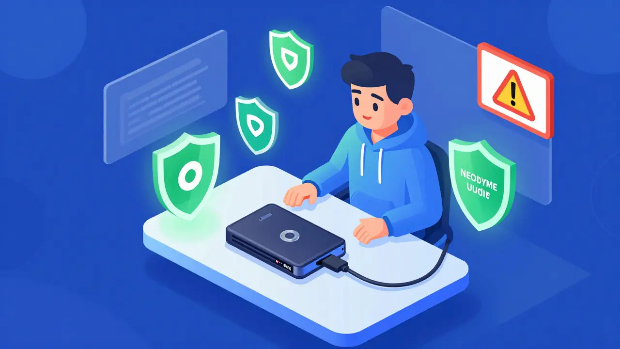 Иллюстрация безопасности в DeFi: пользователь с аппаратным кошельком и защитными щитами аудитов