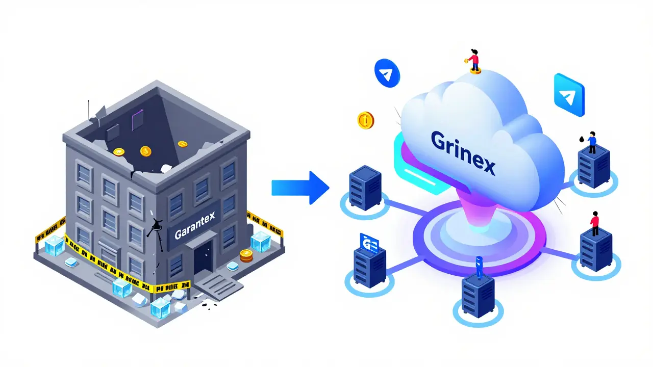 Изометрическая иллюстрация перехода от биржи Garantex к Grinex