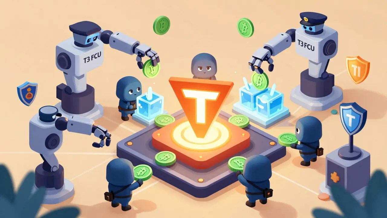 Изометрическая сцена блокировки незаконных транзакций на сети TRON