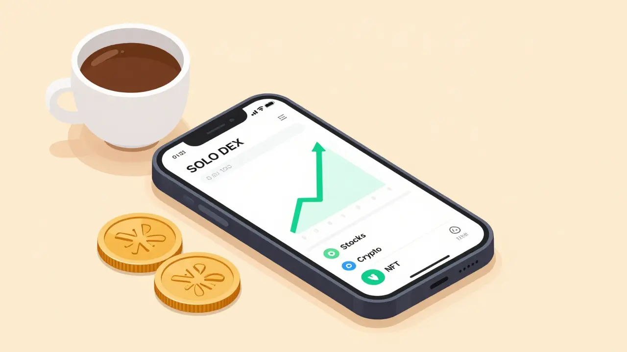Смартфон с приложением SOLO DEX и монеты XRP на столе